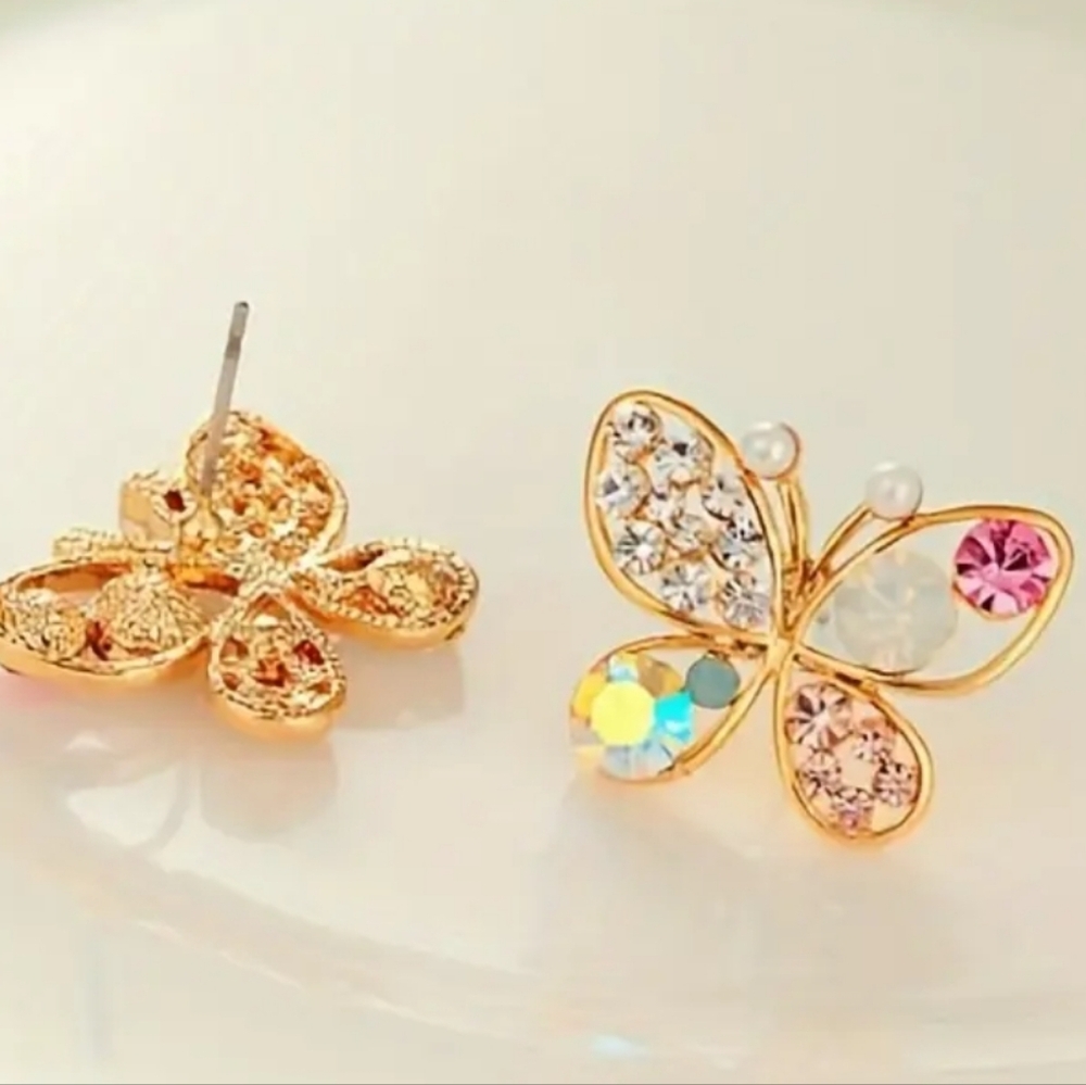 Butterfly Multicolor Rhinestone  Earrings  Gold Platinum Alloy - Picture 4 of 5